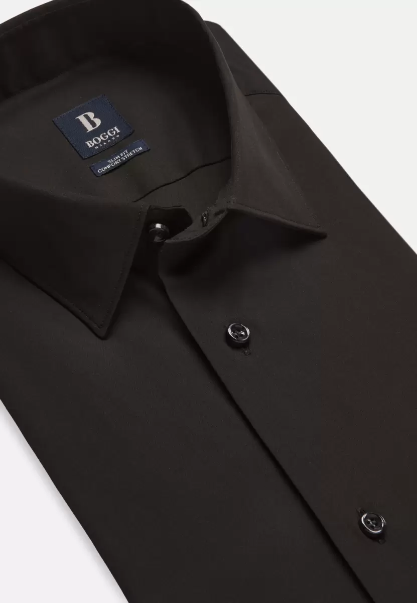 Camisas De Vestir Hombre Camisa Negra De Algodón Elástico Corte Slim Complejidad Boggi Milano - 4