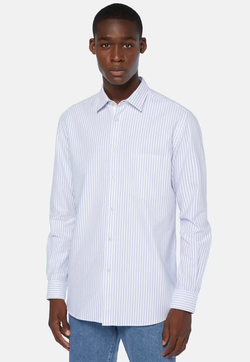 Camisa De Rayas Celestes De Algodón Oxford Regular Hombre Exclusivo Camisas Casual Boggi Milano - 1